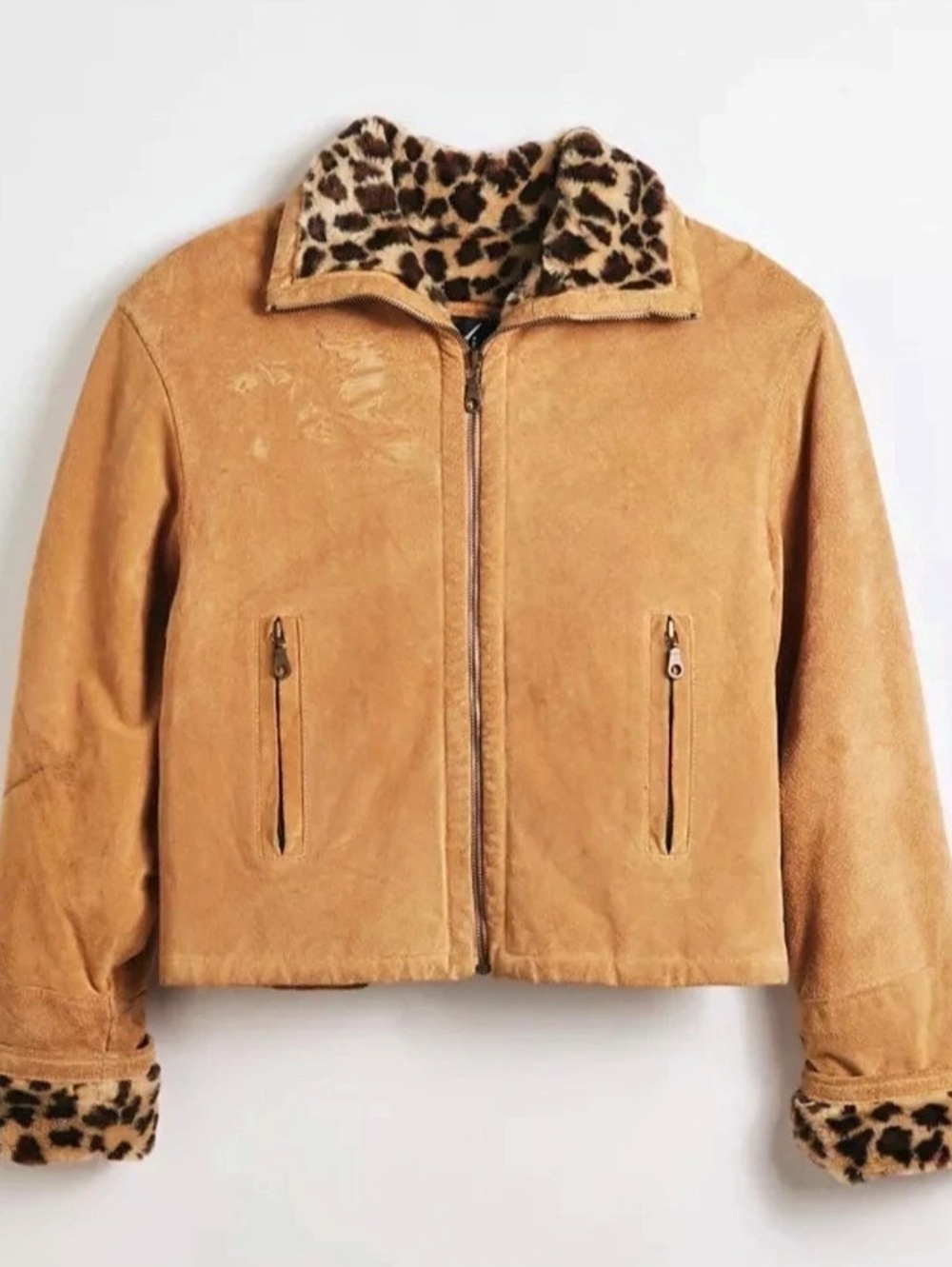 Vintage Tab Suede Jacket with Faux-Fur Animal Print Trim Lining L